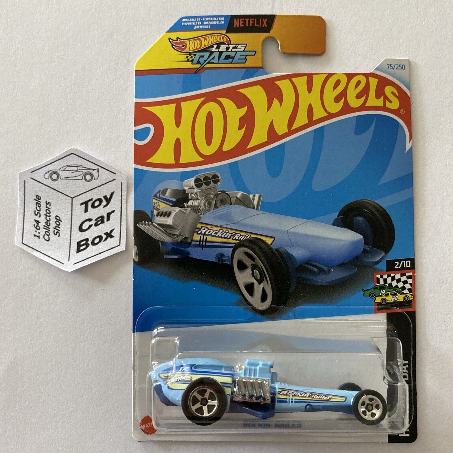 SALE - 2024 HOT WHEELS #75 - Rockin Railer (Blue #2 HW Race Day - Long Card) Z68