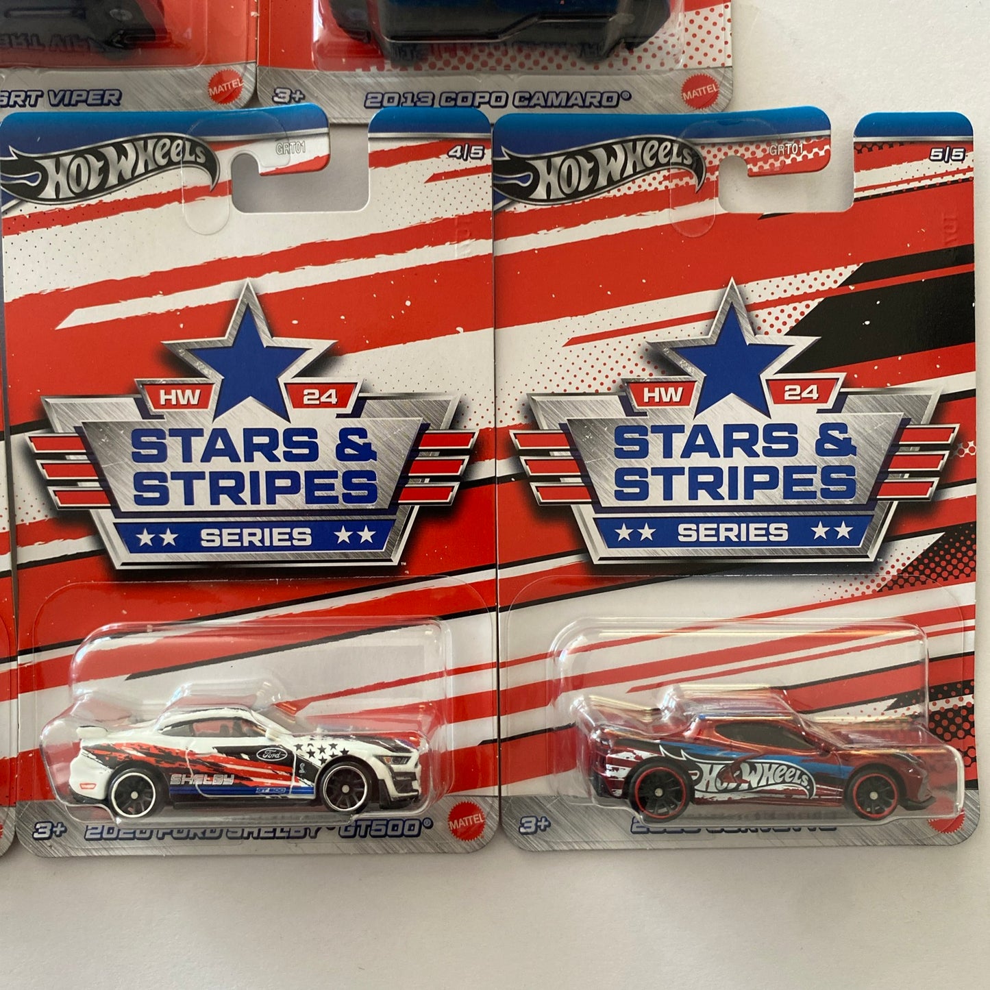 SALE - 2024 HOT WHEELS Stars & Stripes - 5 Car Set (Inc. Viper, Chevy, Dodge, Ford & Vette) U70g