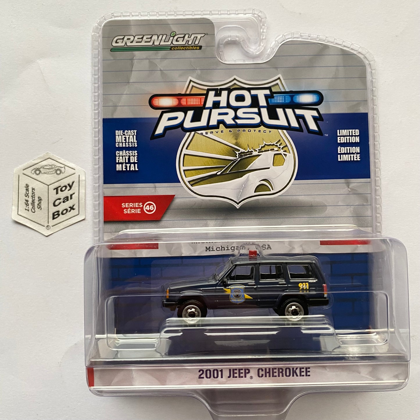 GREENLIGHT - 2001 Jeep Cherokee (Michigan State Police - Hot Pursuit S46) J45g