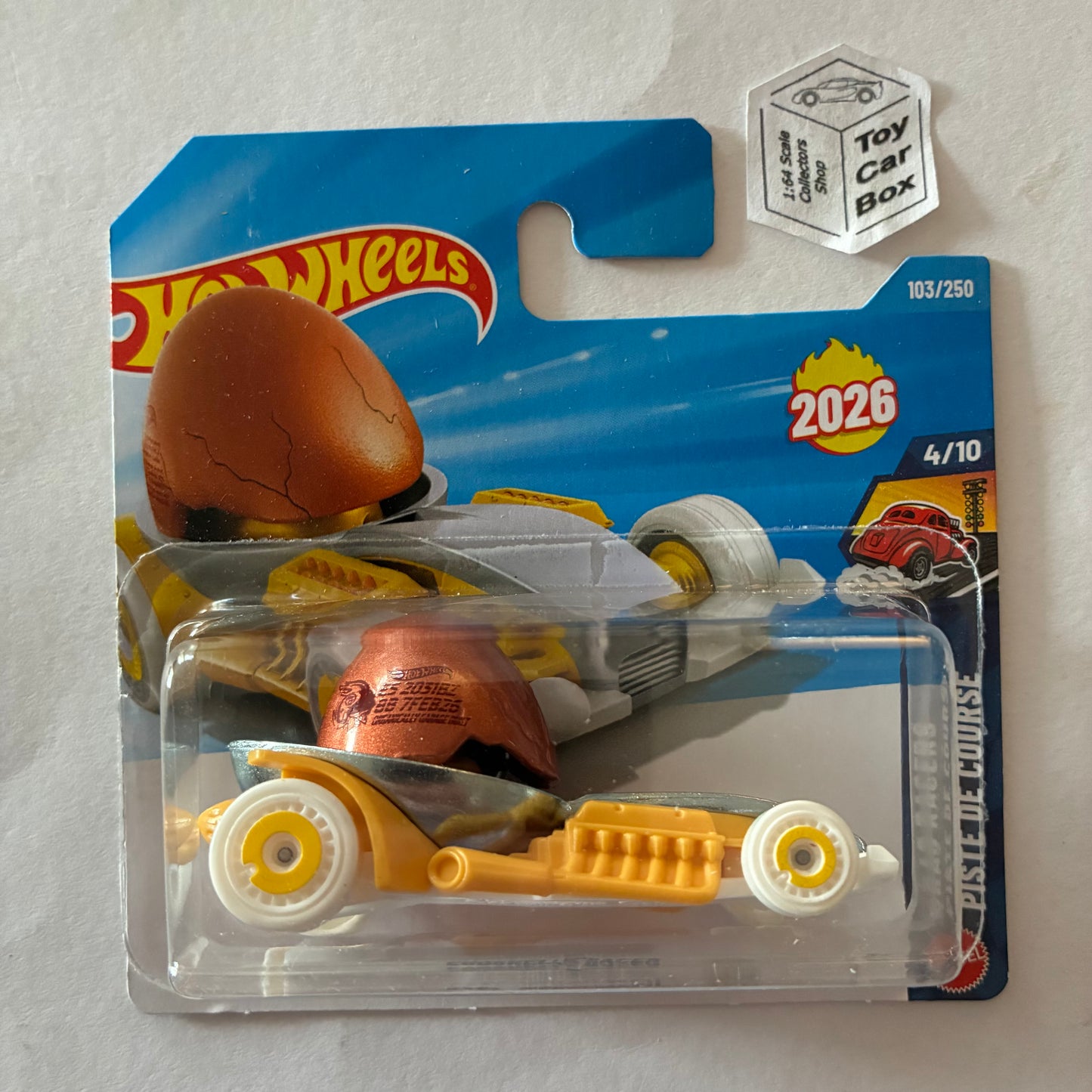 2026 HOT WHEELS #103 - Eggshelleracer (Yellow #4 Drag Racers - Short Card) B46g