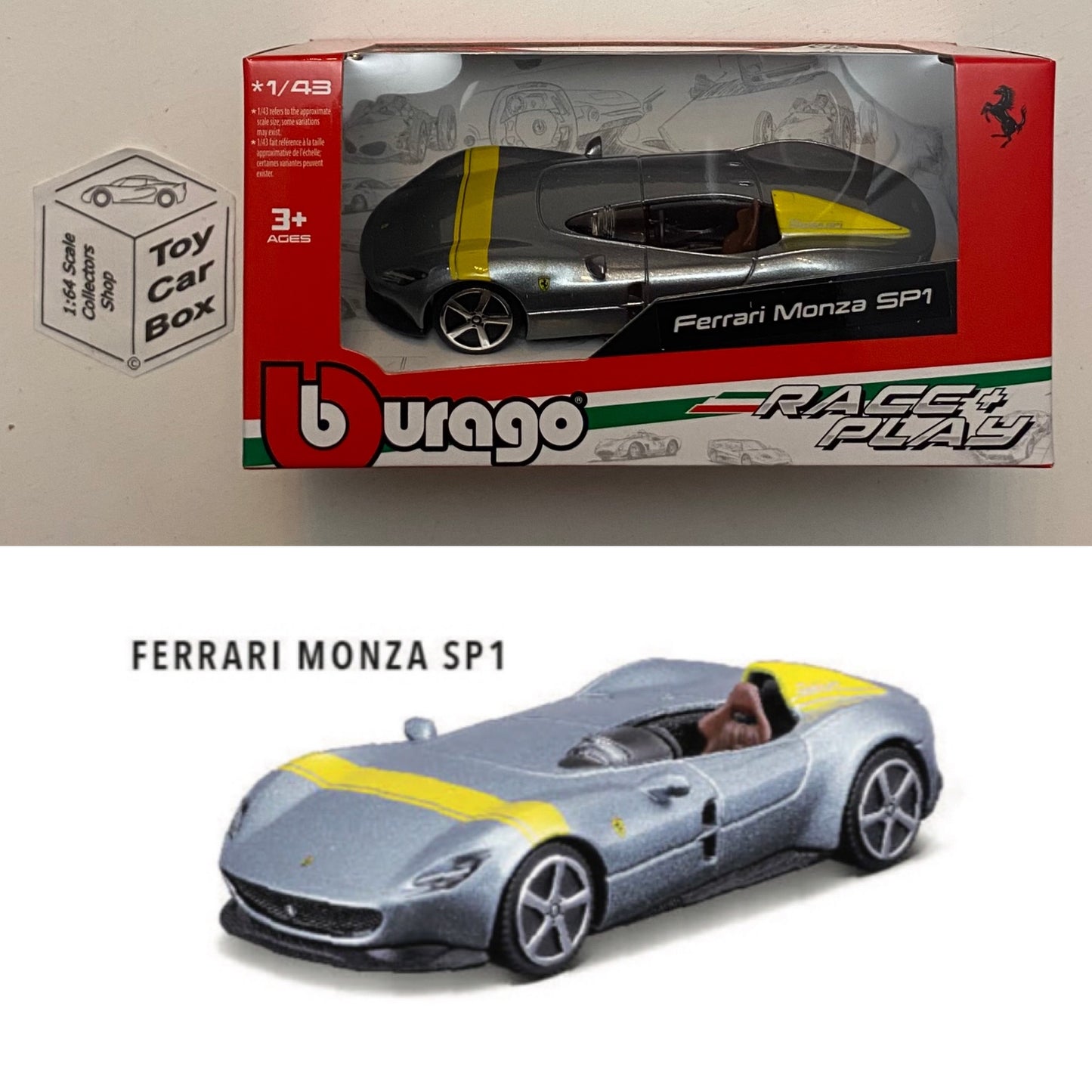 BBURAGO 1/43 - Ferrari Monza SP1 (Silver - Race & Play - Box Not Perfect) H66g