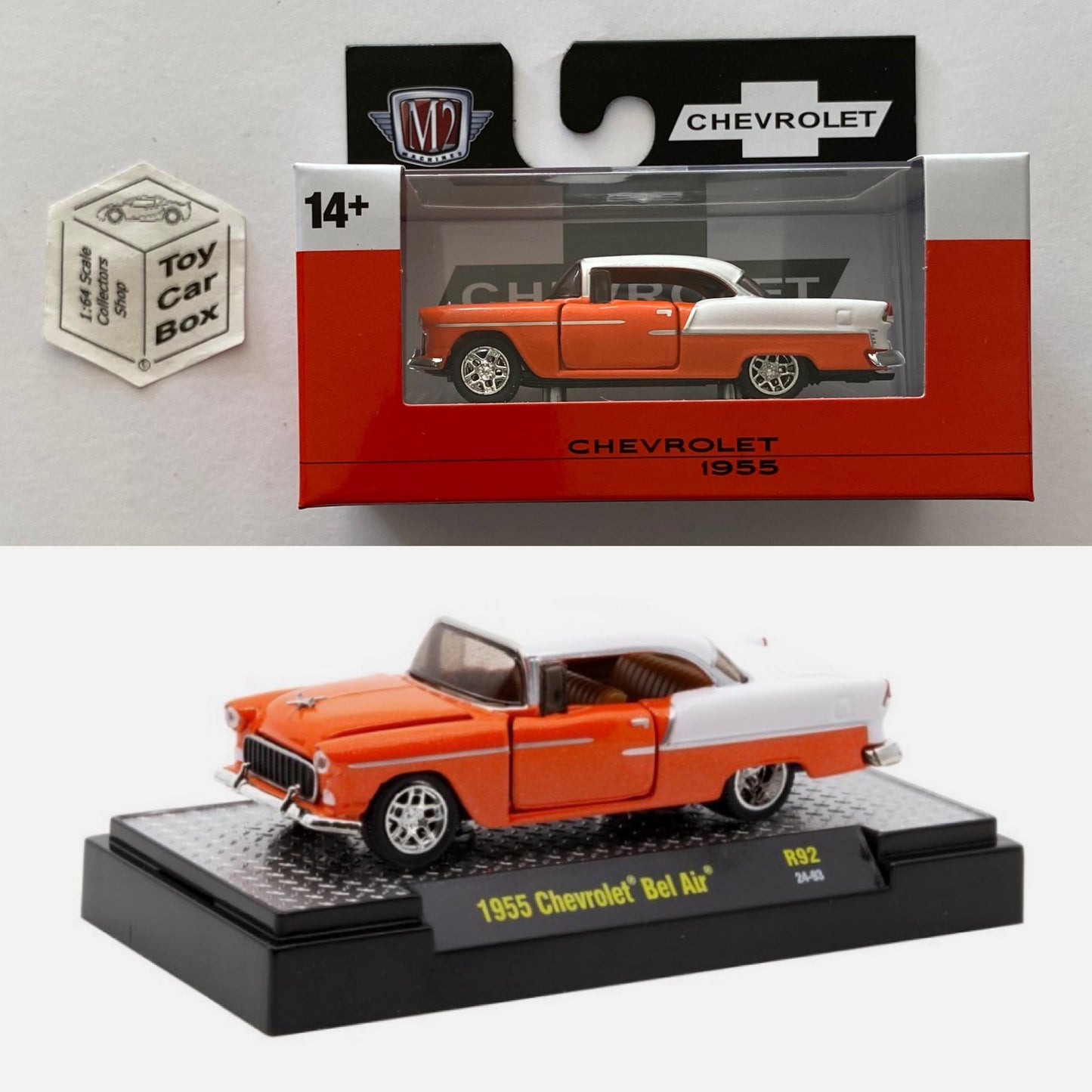 M2 MACHINES - 1955 Chevy Bel Air (Orange / White - Detroit Muscle R92) L92g