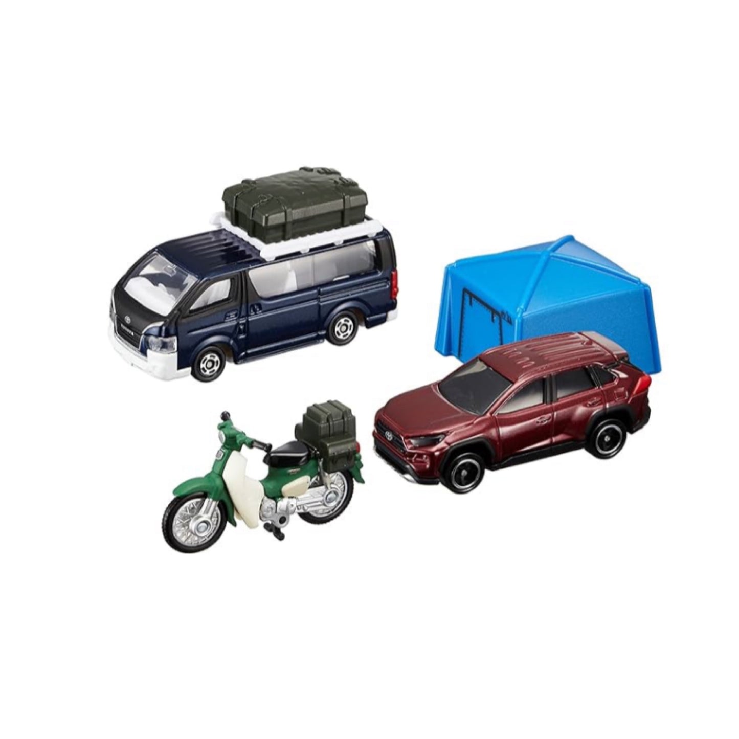 TOMICA Auto Camping Set (Toyota RAV4, Toyota HiAce, Honda Super Cub & Tent) T27