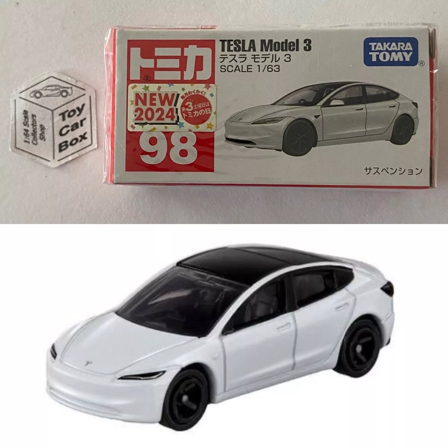 TOMICA Regular #98 - Tesla Model 3 (White - 1/63 Scale - Boxed) E50g