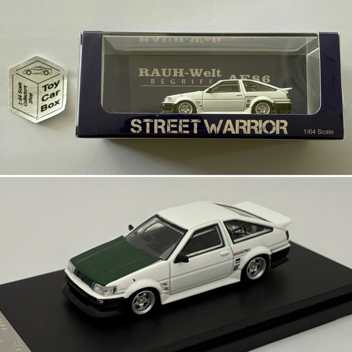 STREET WARRIOR - RAUH-Welt Toyota AE86 (White & Green 1/64 - Display Case) Y37g