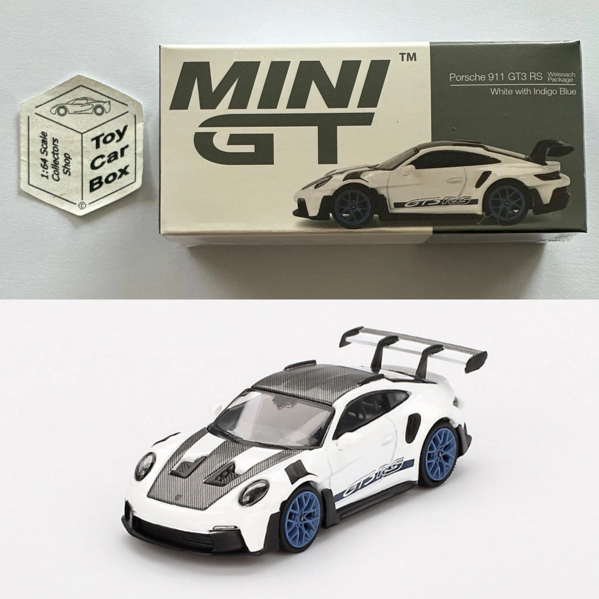 MINI GT #853 - Porsche 911 GT3 RS (White with Indigo Blue - 1/64 - Boxed) N50g