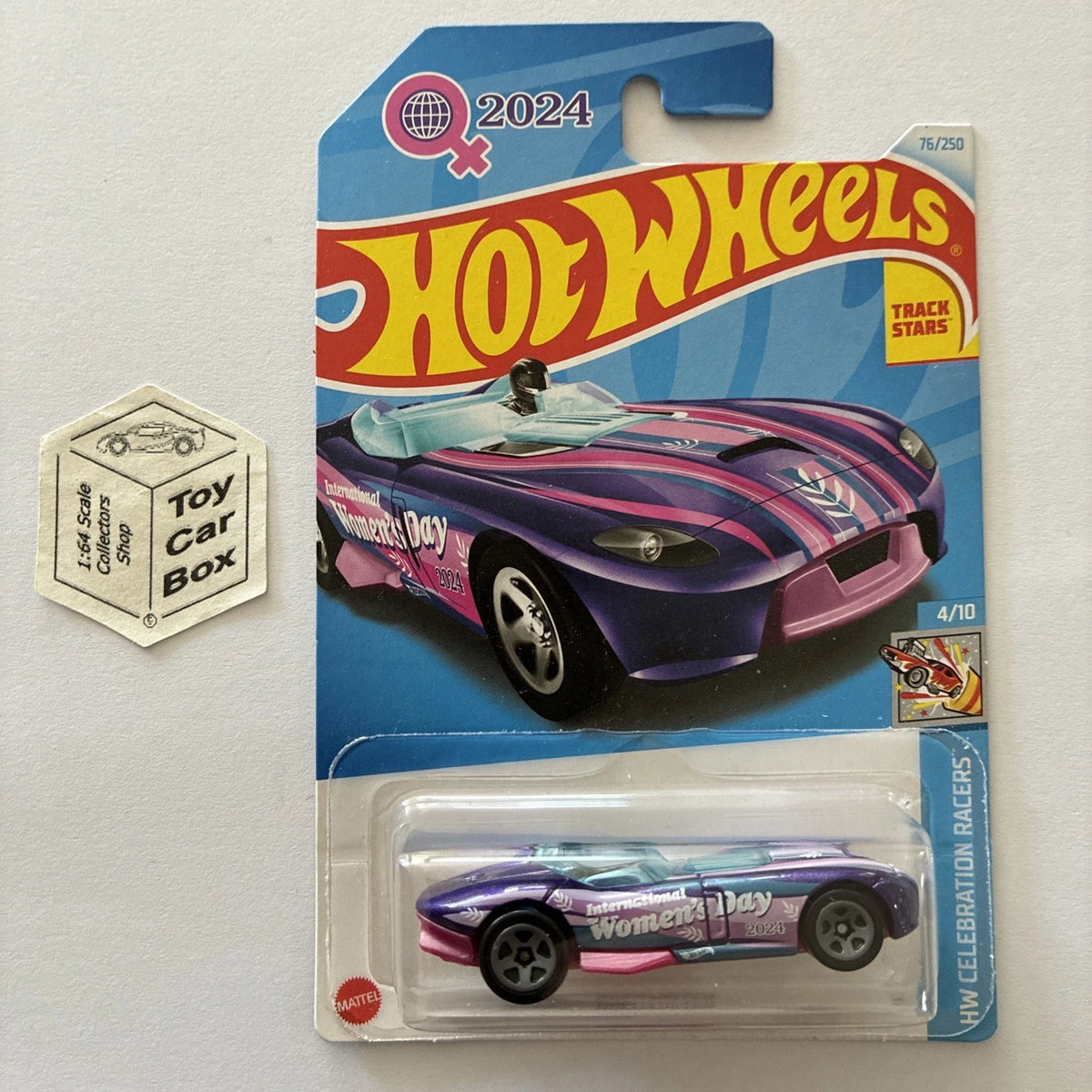 2024 HOT WHEELS #76 - Rrroadster (Purple #4 HW Celebration Racers Long Card) B00
