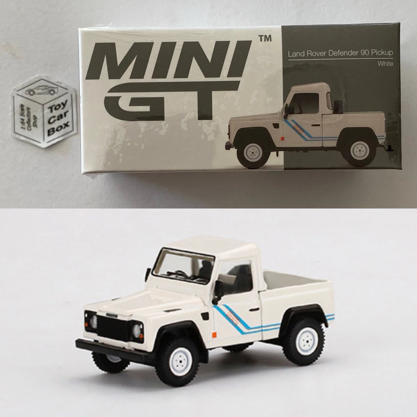 Mini GT #338 - Land Rover Defender 90 Pickup (White - 1/64 Boxed) L75g