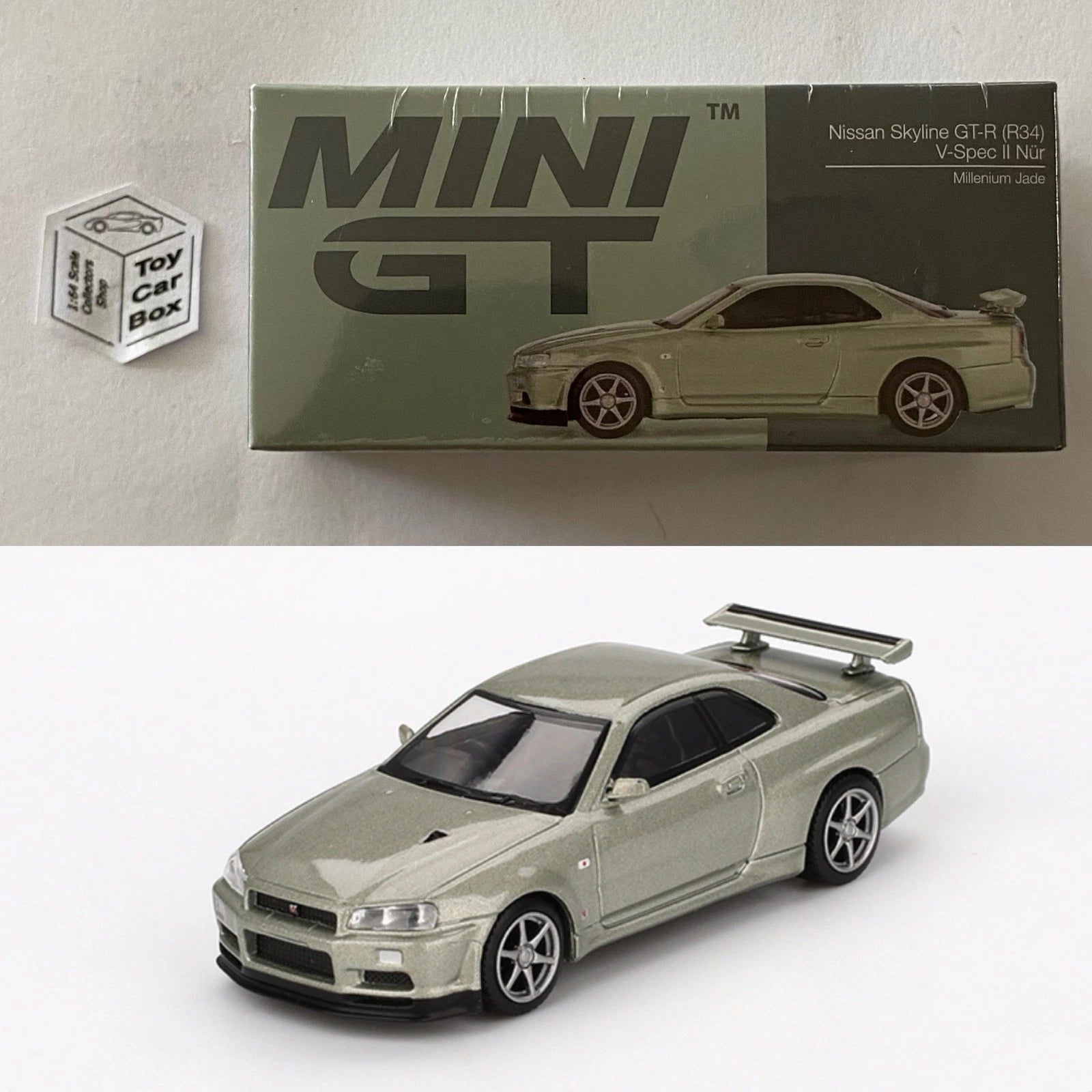 Mini GT #1003 - Nissan Skyline GT-R R34 V-Spec II Nur (Jade - 1/64