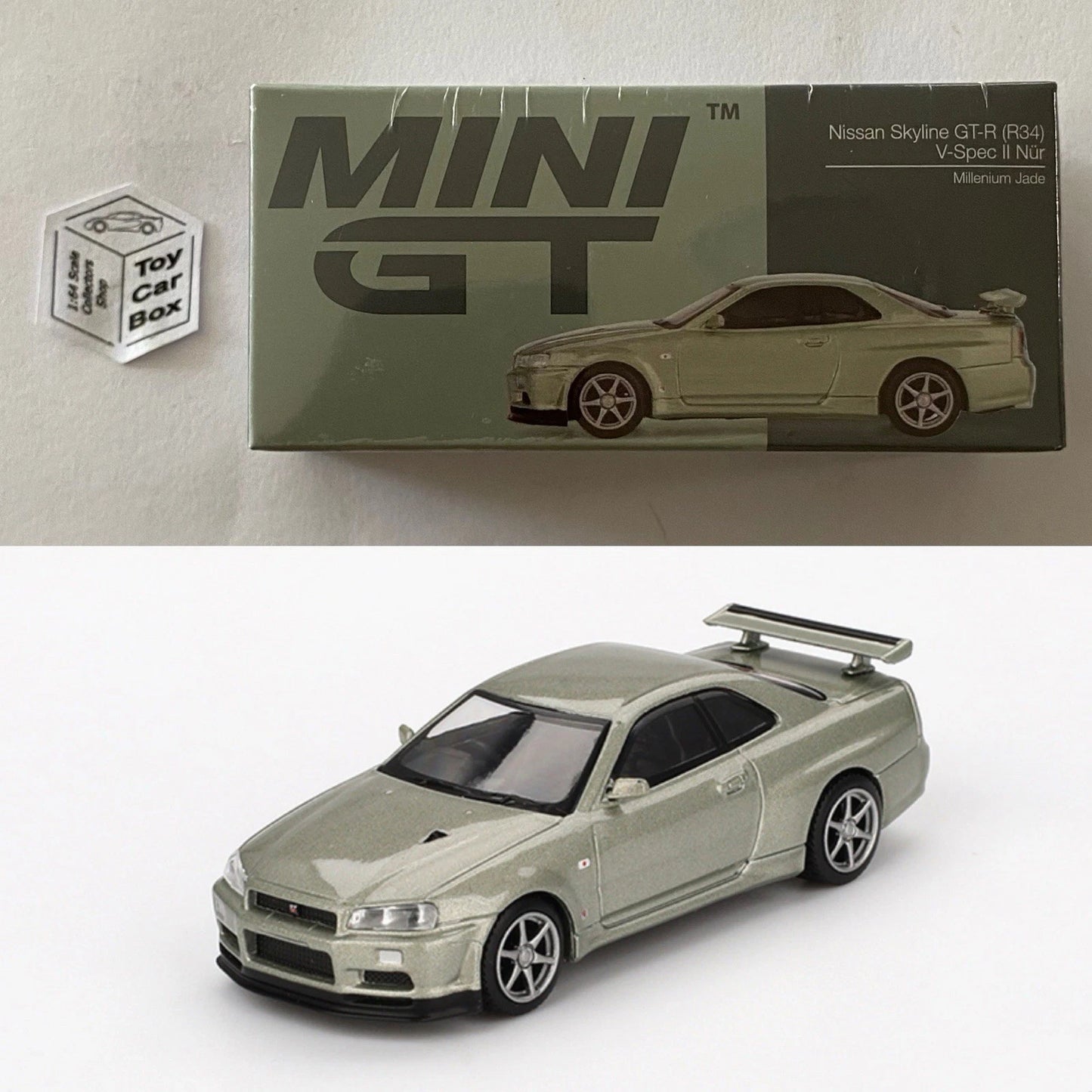 Mini GT #1003 - Nissan Skyline GT-R R34 V-Spec II Nur (Jade - 1/64 - Boxed) N38g