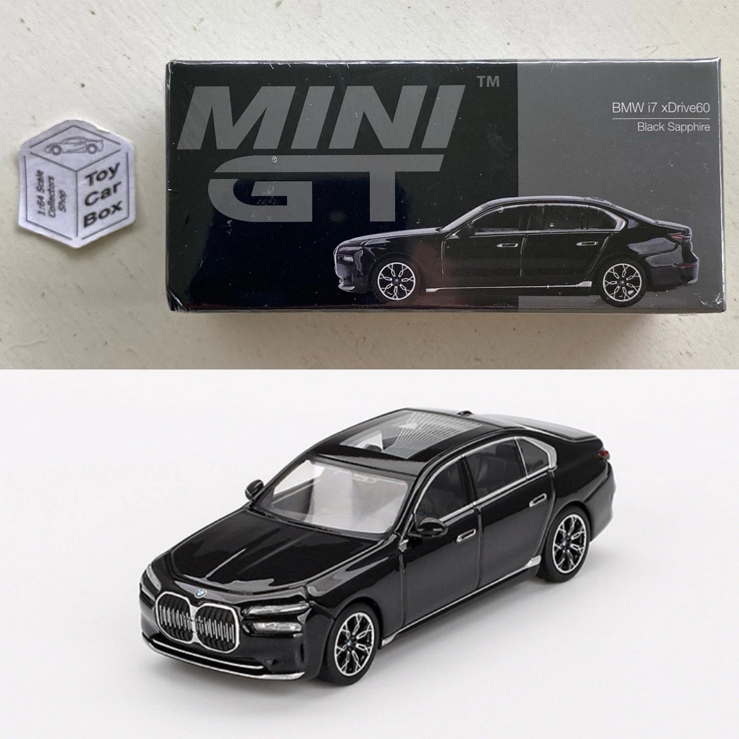 Mini GT #802 - BMW i7 xDrive60 (Black Sapphire - 1/64 Scale Boxed) L75g