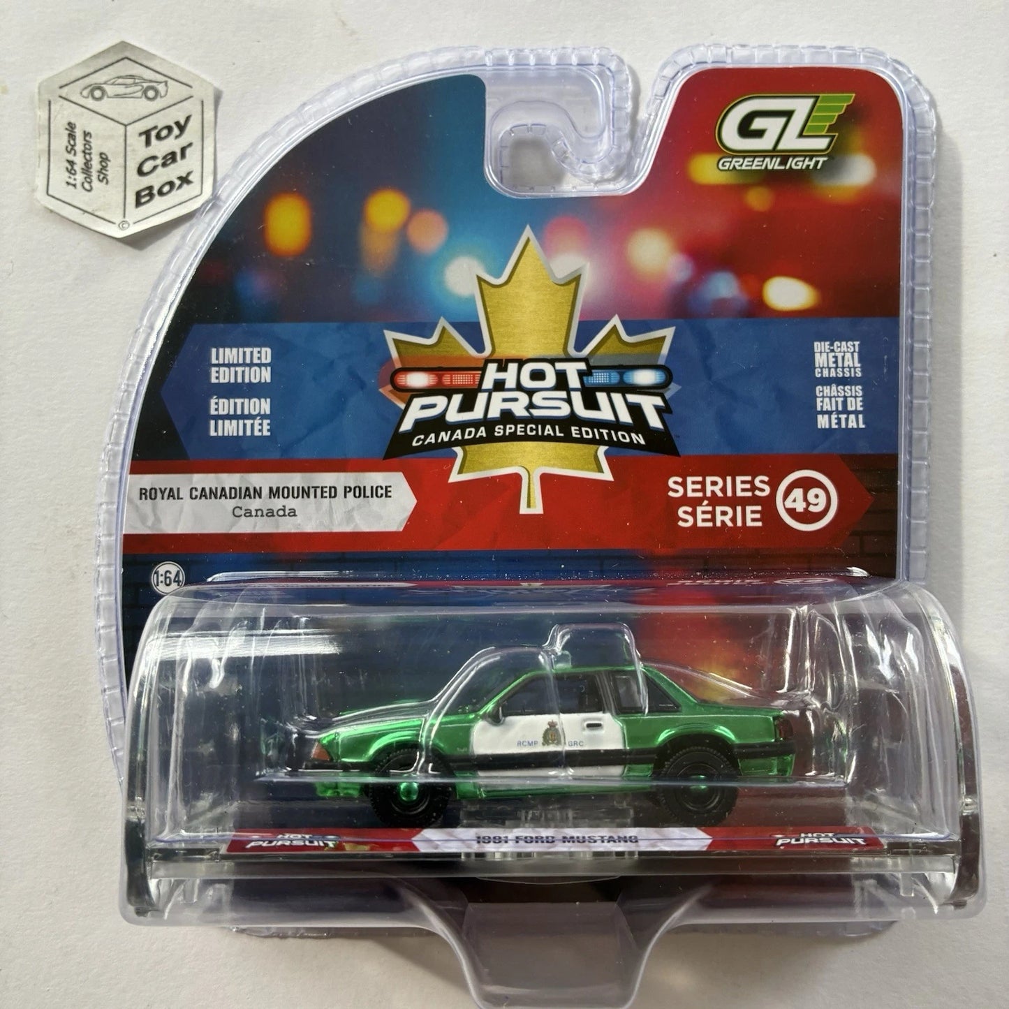 GREENLIGHT - 1991 Ford Mustang (Green Chase- Hot Pursuit Canada Special 49) J45g