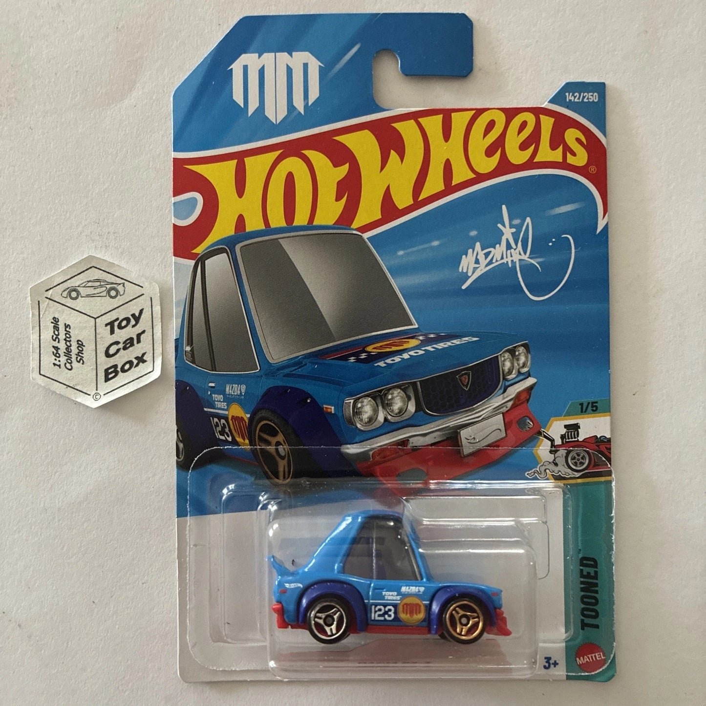 2026 HOT WHEELS #142 - Mazda RX-3 (Blue Mad Mike #1 Tooned - Long Card) B00