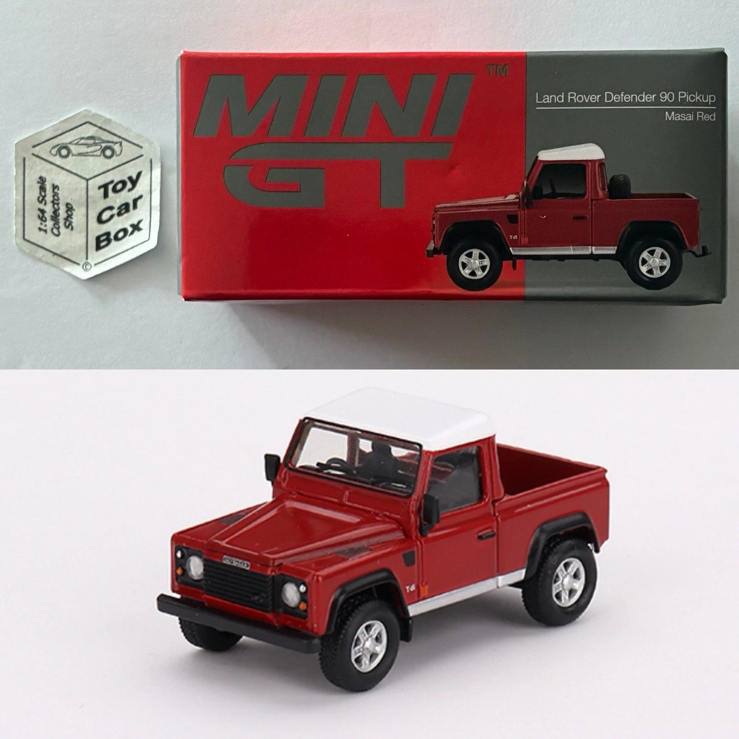 MINI GT #323 - Land Rover Defender 90 Pickup (Masai Red - 1/64 - Opened) L75g