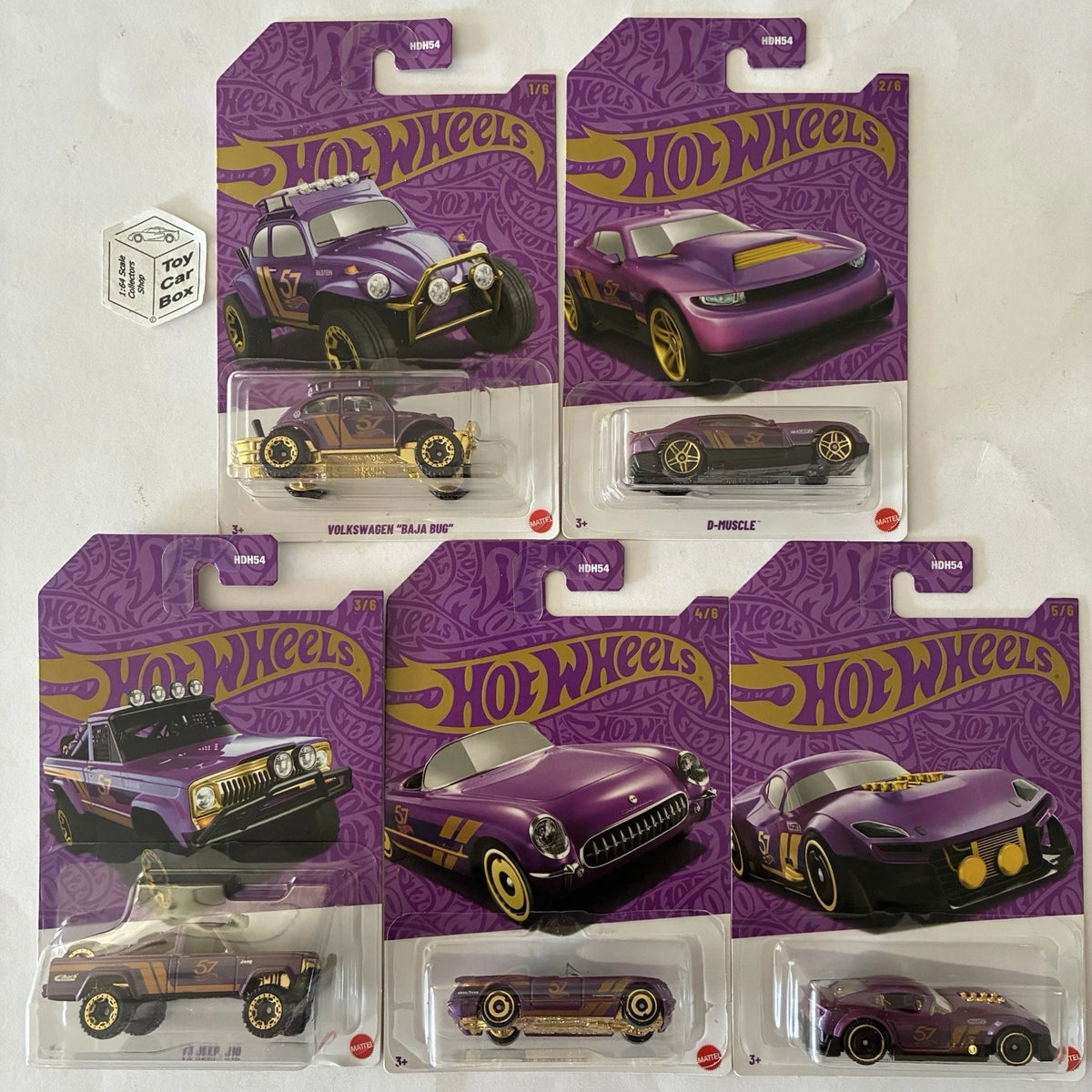 2025 HOT WHEELS Purple & Gold 5 Car Set (Inc. Baja Bug & Jeep - HDH54-979G) T00g