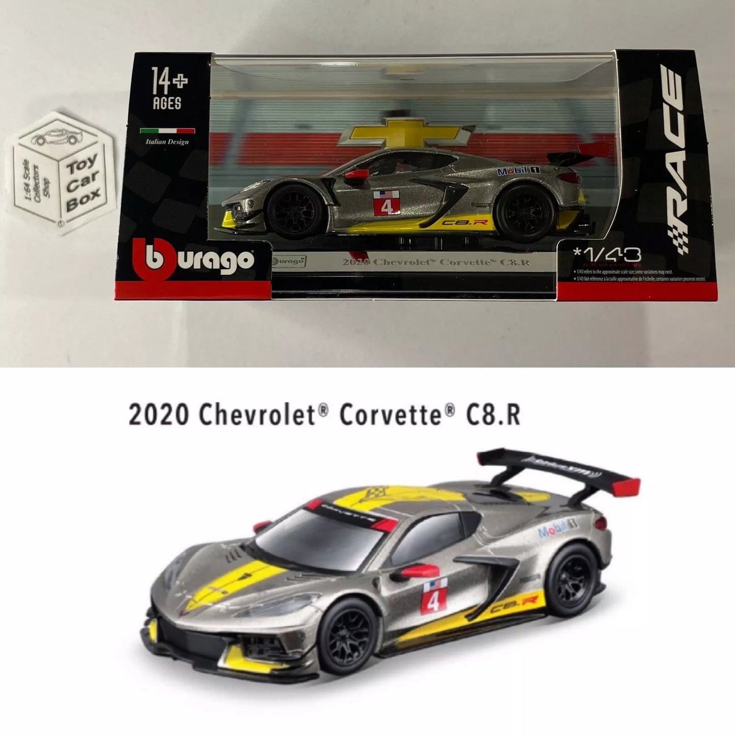 BBURAGO Race 1/43 - 2020 Chevy Corvette C8.R (Grey - Acrylic Display Case) M86