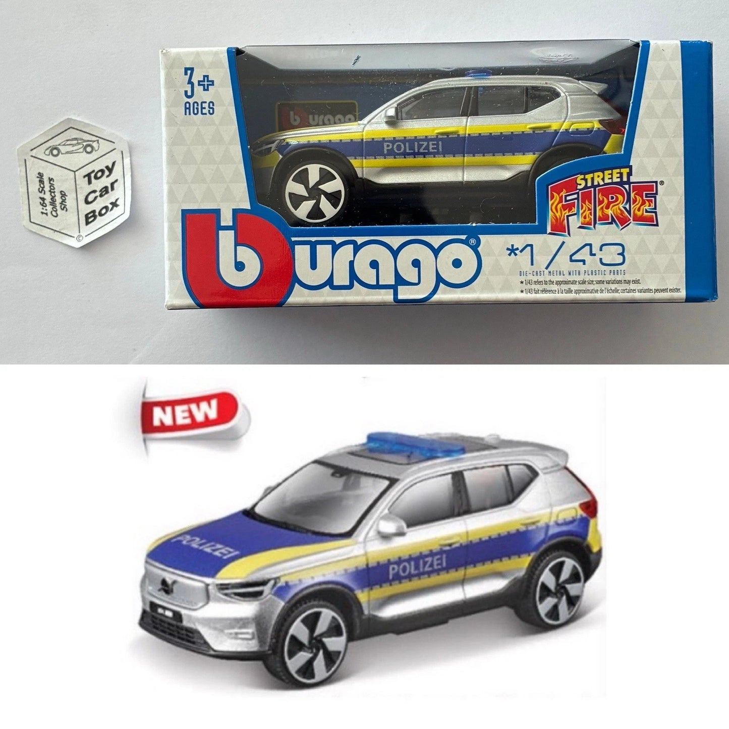 BBURAGO 1/43 - Volvo EX40 (Silver / Polizei Police - Street Fire - Boxed) E28g