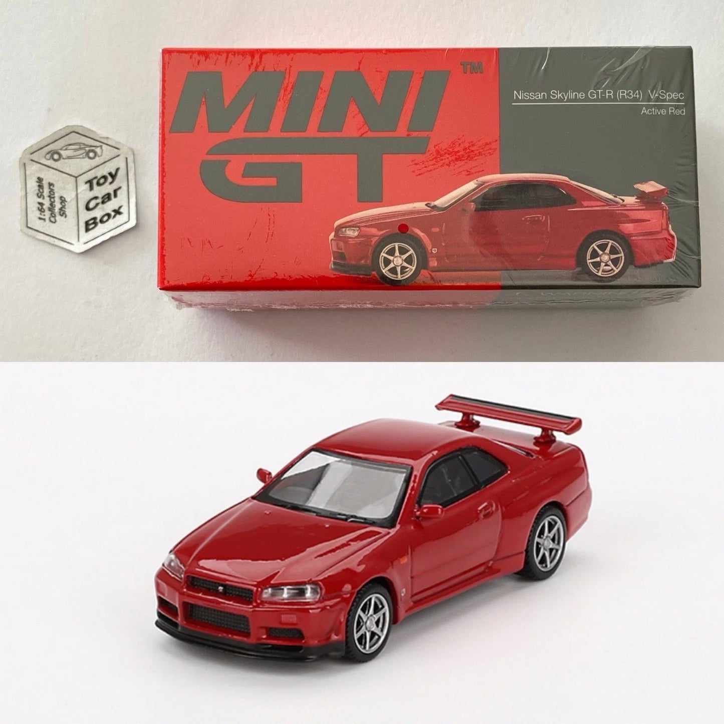 Mini GT #796 - Nissan Skyline GT-R R34 V-Spec (Active Red - Sealed Box) L75g