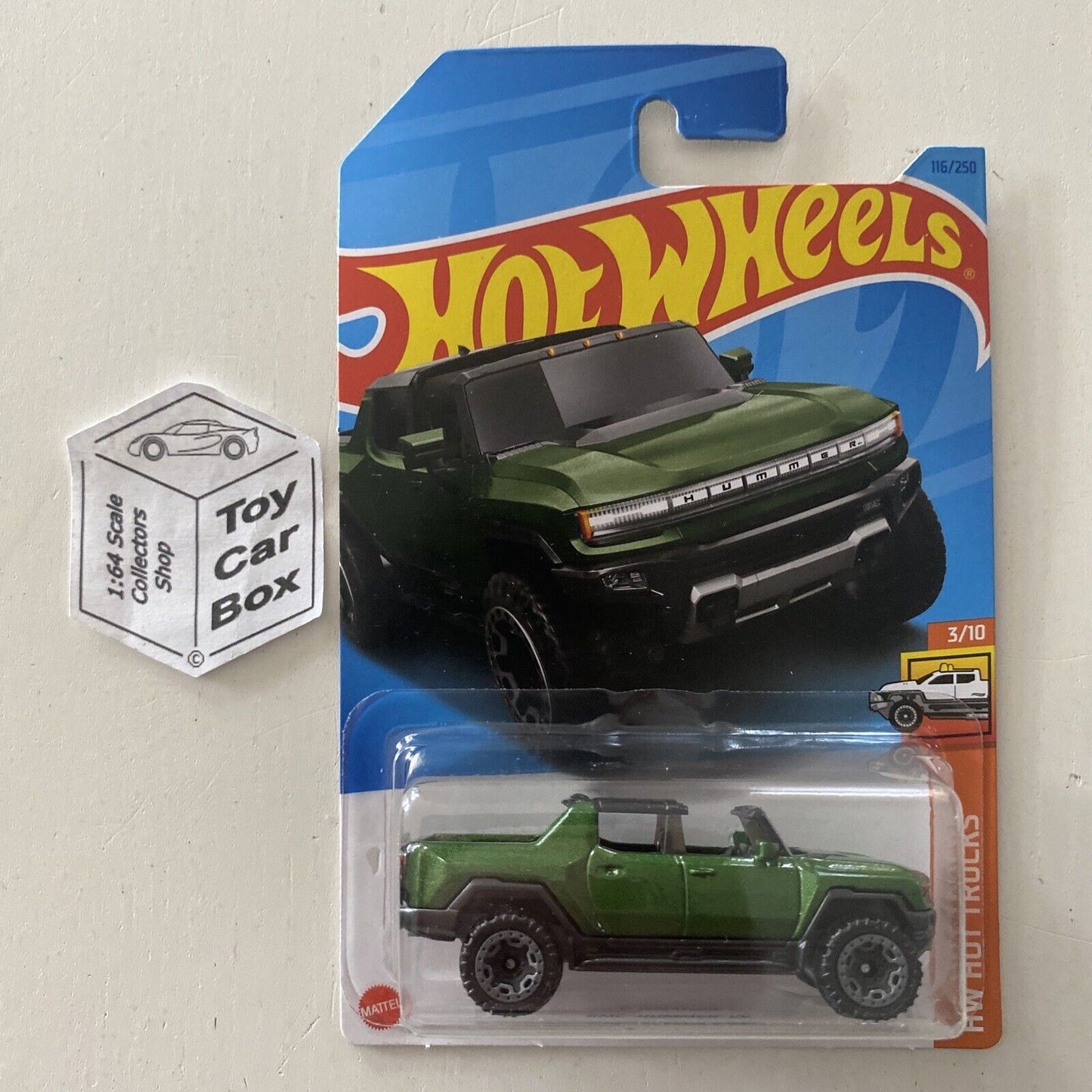 SALE - 2023 HOT WHEELS #116 - GMC Hummer EV (Green #8 HW Hot Trucks - Long Card) A60