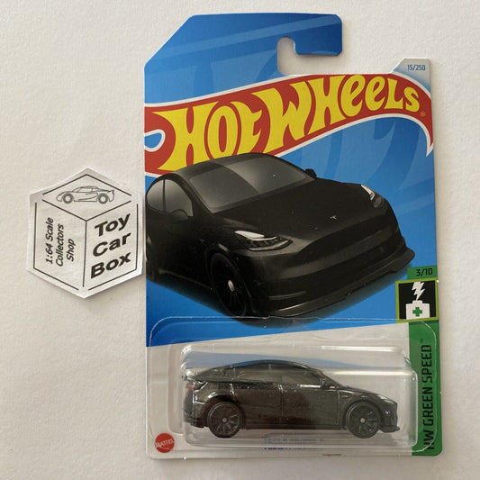 2024 HOT WHEELS #15 - Tesla Model Y (Dark Grey #3 Green Speed - Long Card) A80