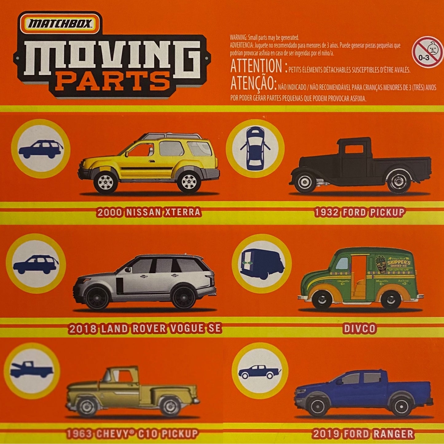 2022 MATCHBOX Moving Parts 6 Car Set (Inc. Ranger, Range Rover, Chevy C10, Ford Pickup, Divco & Xterra) T00