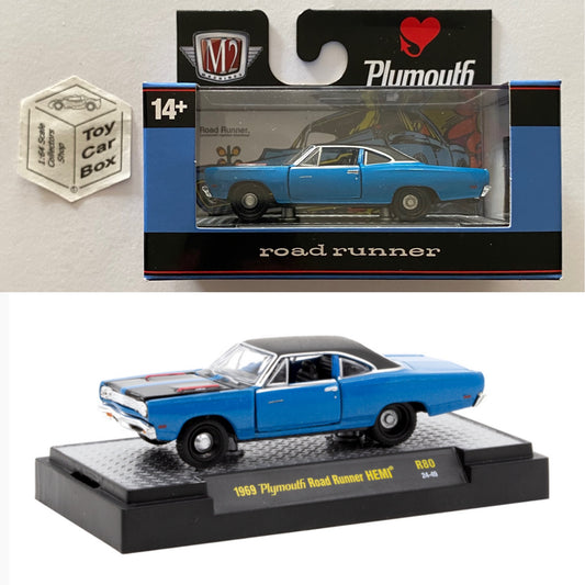 M2 MACHINES - 1969 Plymouth Road Hemi (Blue - Detroit Muscle R80 - 1/64) L92g
