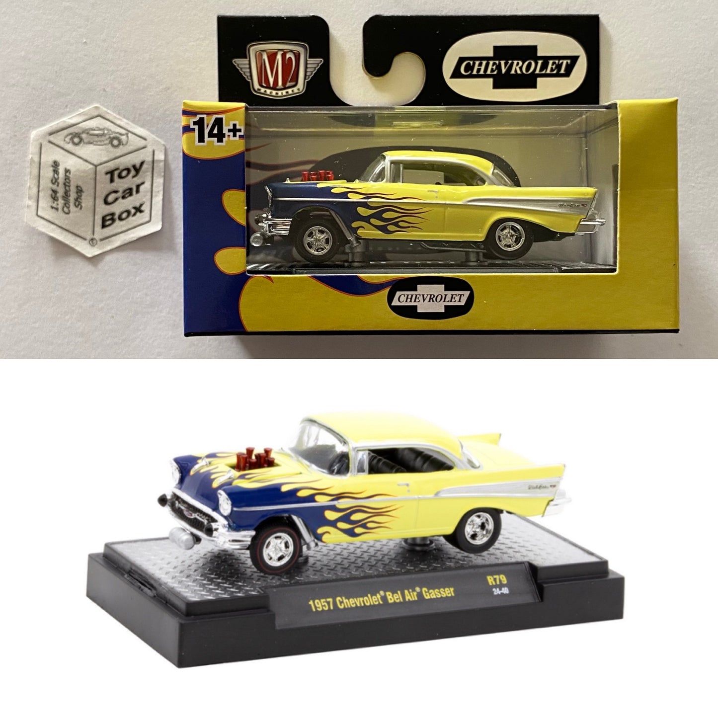 M2 MACHINES - 1957 Chevy Bel Air Gasser (Yellow- Detroit Muscle R79 - 1/64) L92g