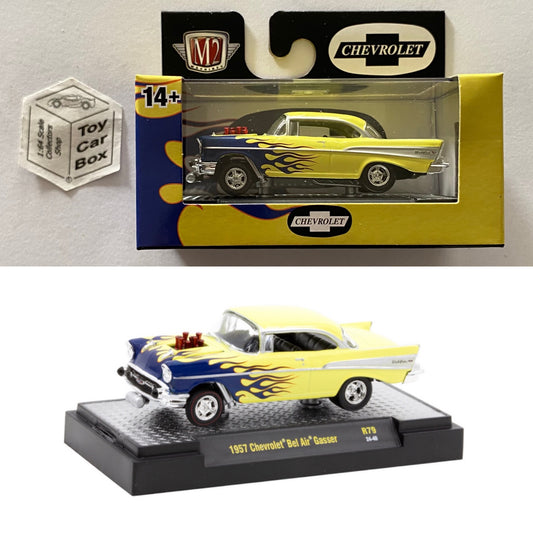 M2 MACHINES - 1957 Chevy Bel Air Gasser (Yellow- Detroit Muscle R79 - 1/64) L92g