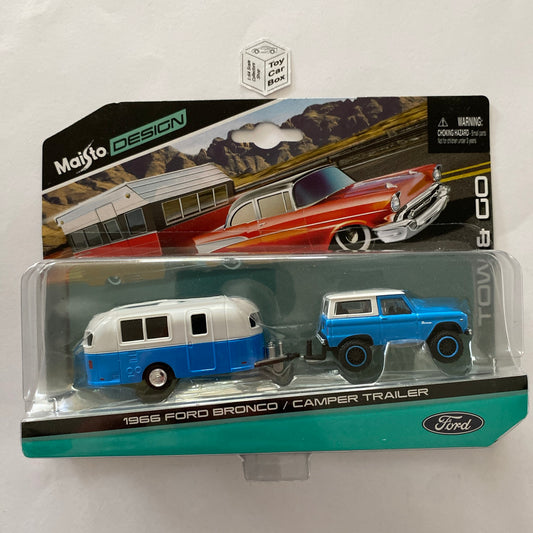 MAISTO 1/64 Tow & Go - 1966 Ford Bronco & Camper Trailer (Blue) R10g