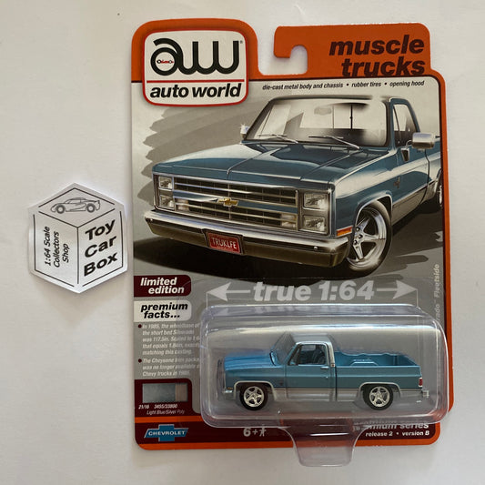 2023 AUTO WORLD - 1985 Chevy Silverado Fleetside (Blue /Silver - Release 2B) M15