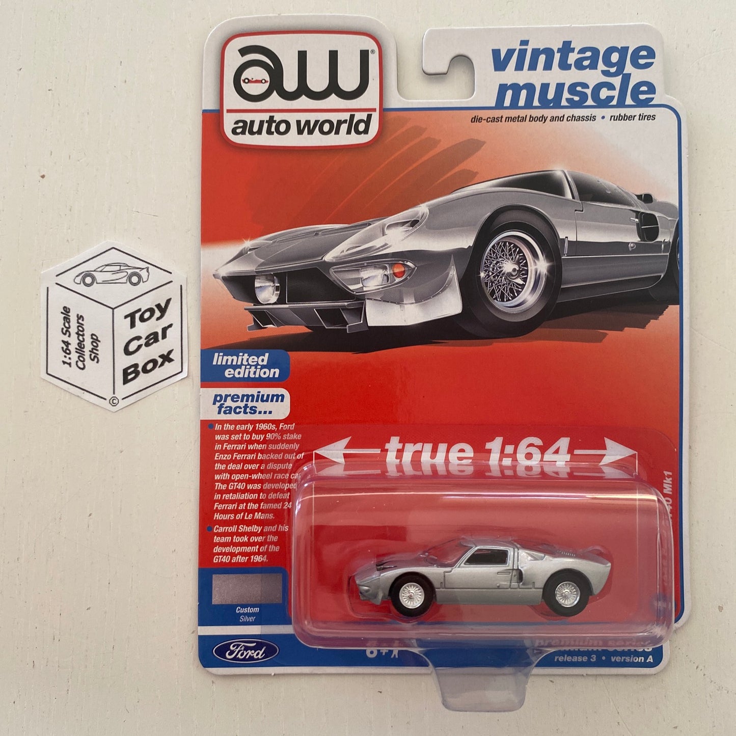 2022 AUTO WORLD - 1965 Ford GT40 Mk1 (Silver - Release 3 Version A) K46g