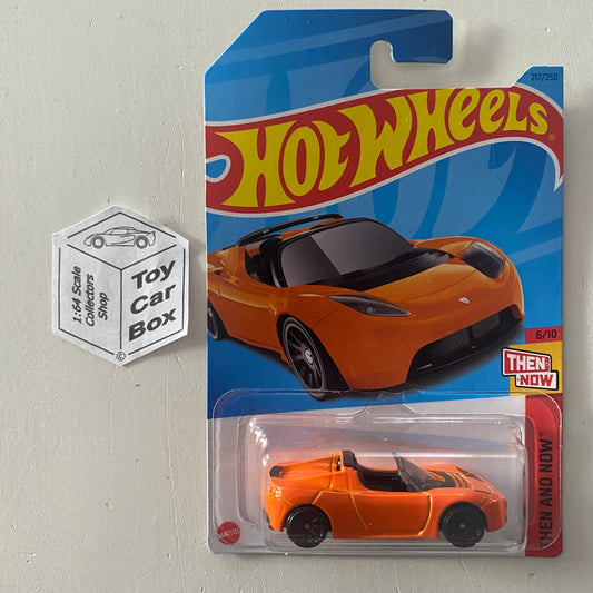 SALE - 2023 HOT WHEELS #217 - Tesla Roadster (Orange #6 Then & Now - Long Card) B00