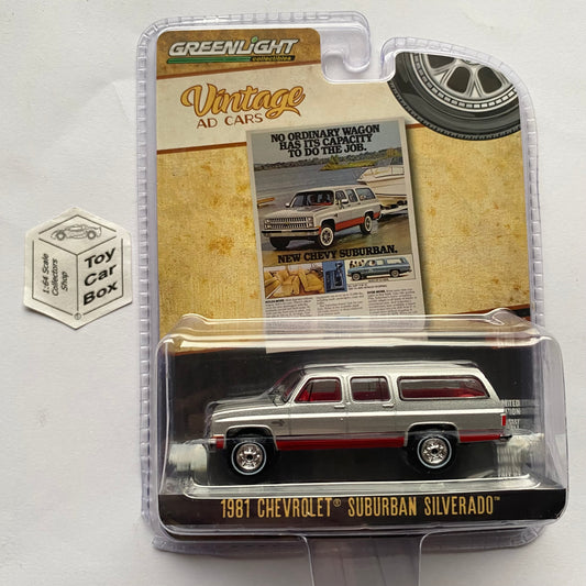 GREENLIGHT - 1981 Chevy Suburban Silverado (Silver - Vintage Ad Cars S10) J45g