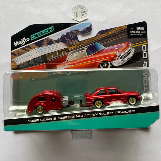 MAISTO 1/64 Tow & Go - 1988 BMW M3 (Cherry Red) & Traveler Trailer - R28g