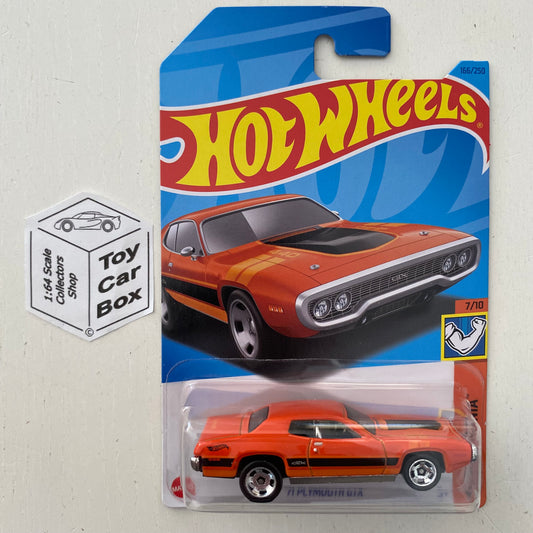 2023 HOT WHEELS #166- ‘71 Plymouth GTX (Orange #7 Muscle Mania - Long Card) B53