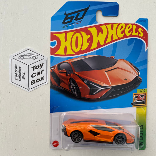 2023 HOT WHEELS #163 Lamborghini Sian FKP37 (Orange #1 Exotics - Long Card) B53