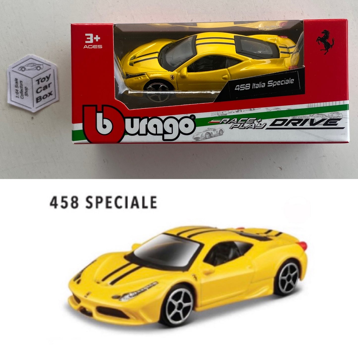 BBURAGO 1/64 - Ferrari 458 Italia Speciale (Yellow - Race & Play - Boxed) F88