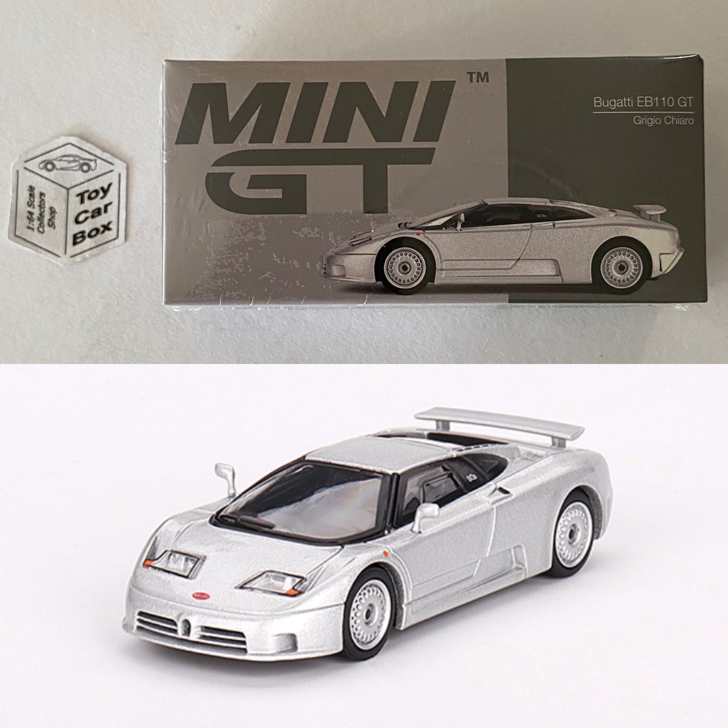 Mini GT #704 - Bugatti EB100 GT (Grigio Chiaro - 1/64 Boxed) L33g