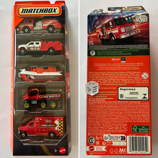 2026 MATCHBOX Rescue 5 Pack (Pierce Fire Truck, Ford F550 & E350 Ambulance) L49