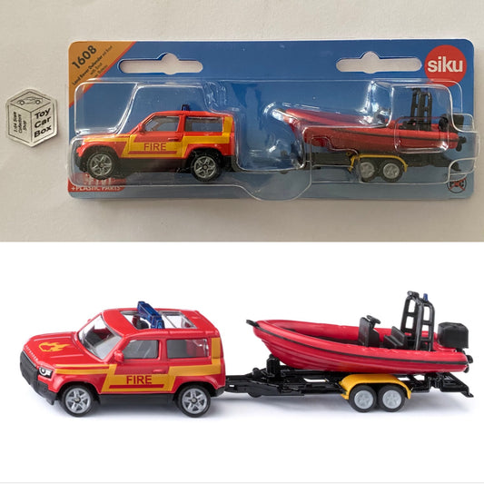 SIKU #1608 - Land Rover Defender 90 & Boat with Trailer (Fire - Approx 1:63) I24