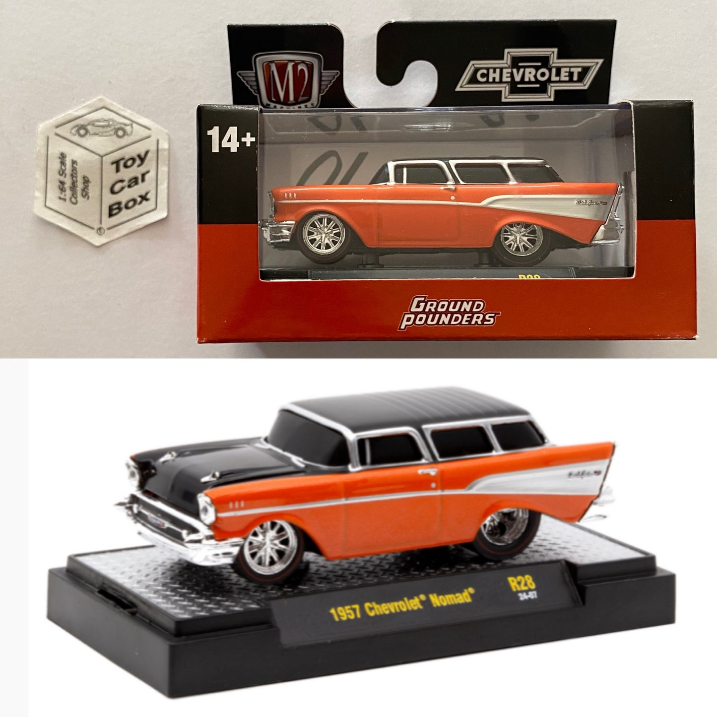 M2 MACHINES - 1957 Chevy Nomad (Orange / Black - Ground Pounders R28) L92g