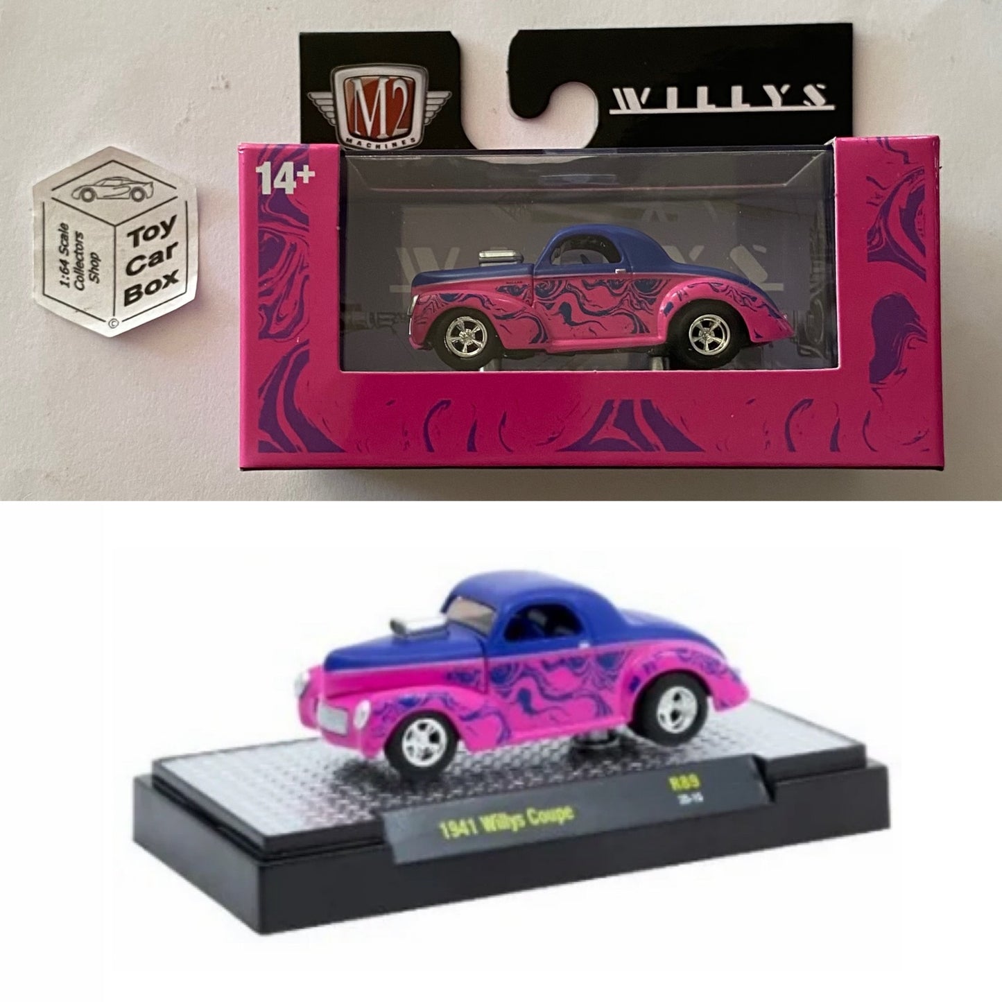 M2 MACHINES - 1941 Willys Coupe (Pink & Blue - Detroit Muscle R89 - 1:64) L92g