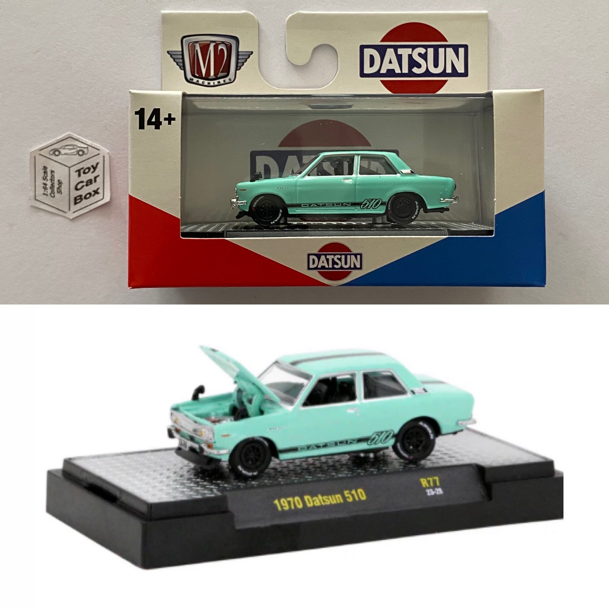 M2 MACHINES 1970 Datsun 510 Green Auto Thentics R77 1 64 N25 Toy Car Box