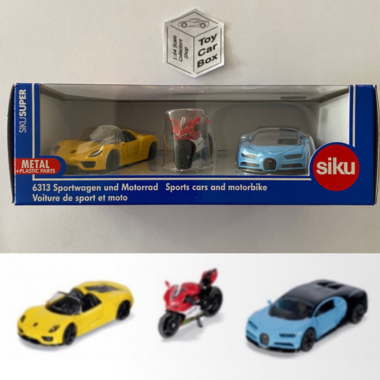 SIKU #6313 - Sports Car & Bike Set (Bugatti Chiron, Porsche 918 & Ducati) R99