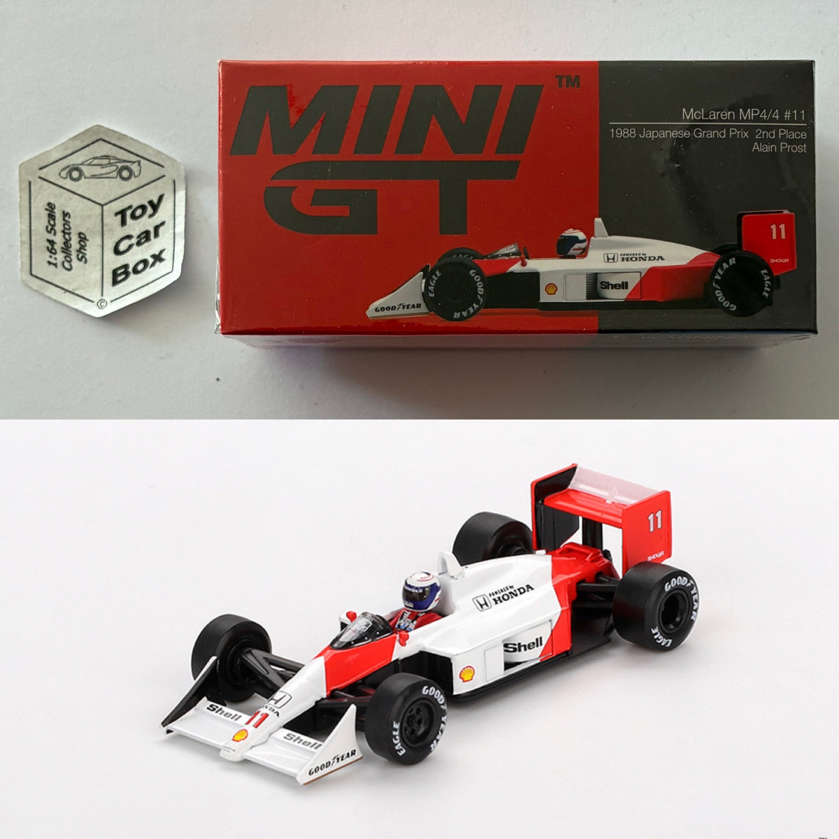 MINI GT #1123 - McLaren MP4/4 (Formula 1 ‘88 Japanese GP #11 Alan Prost) N50g