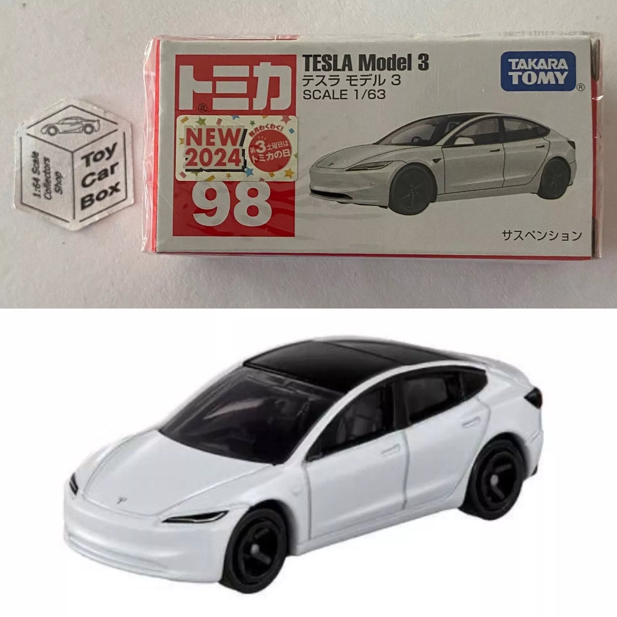 TOMICA Regular #98 - Tesla Model 3 (White - 1/63 Scale - Boxed