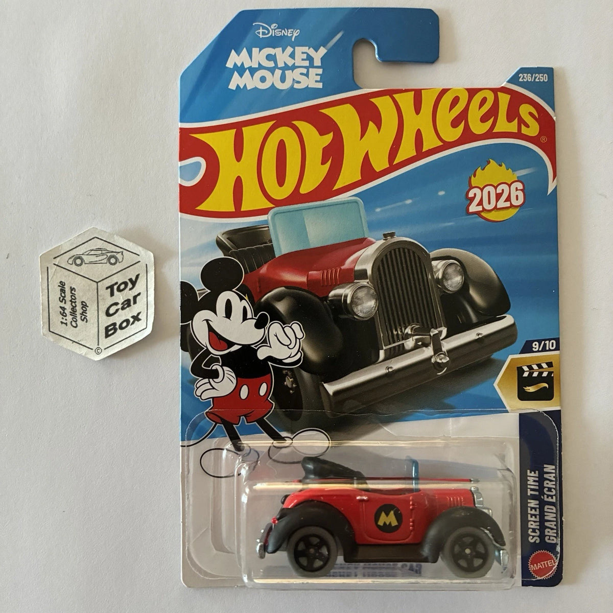 2026 HOT WHEELS #236 - Mickey Mouse Car (Red #9 Screen Time - Long Card) A80