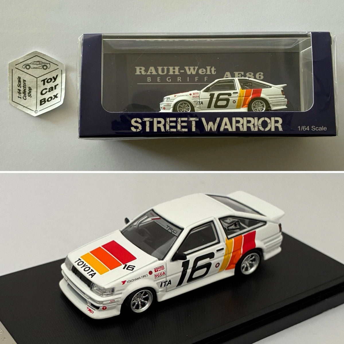 STREET WARRIOR - RAUH-Welt Toyota AE86 (White #16 TRD - 1/64 - Display Case) Y37g