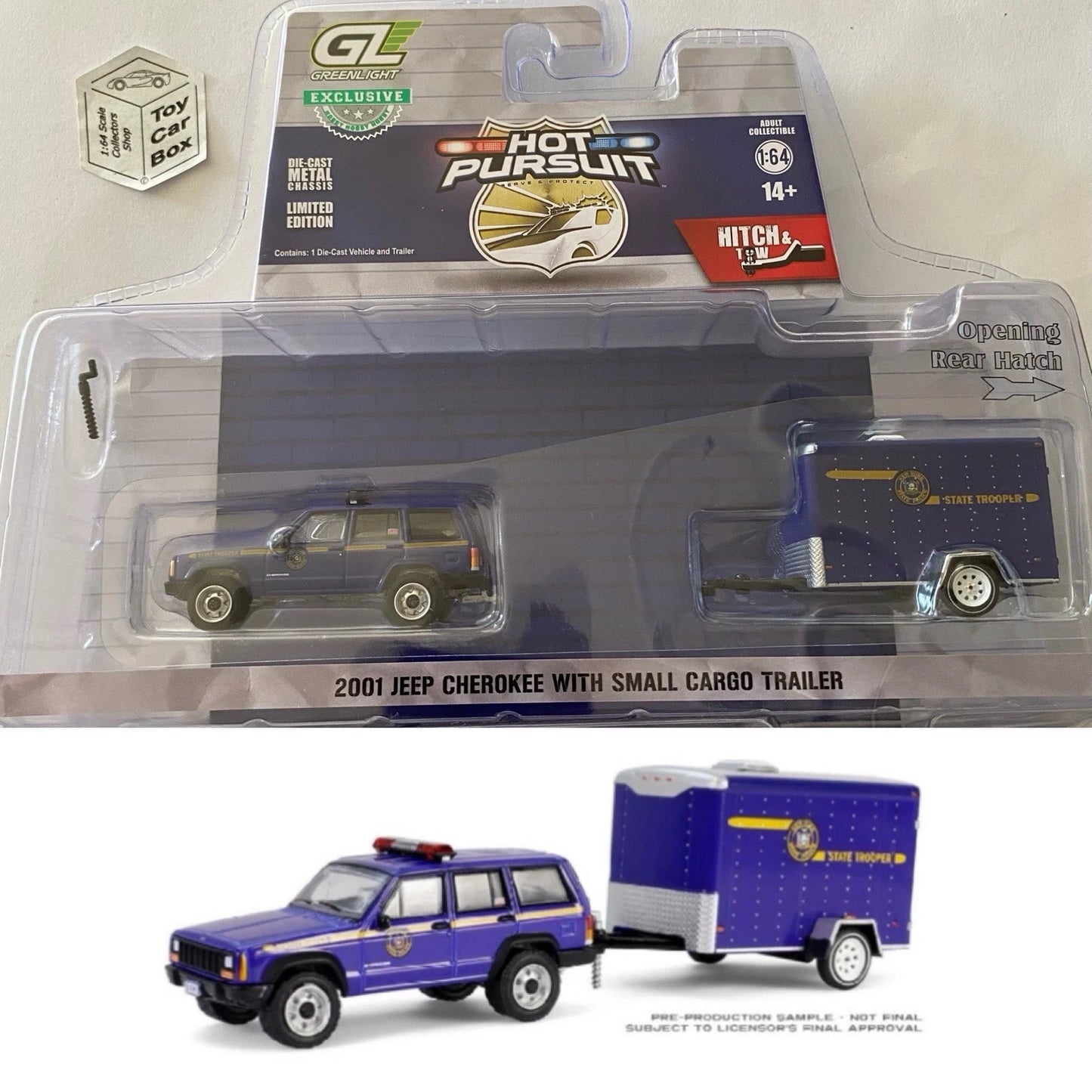 GREENLIGHT - 2001 Jeep Cherokee & Cargo Trailer (Hot Pursuit - Hitch & Tow) J38g