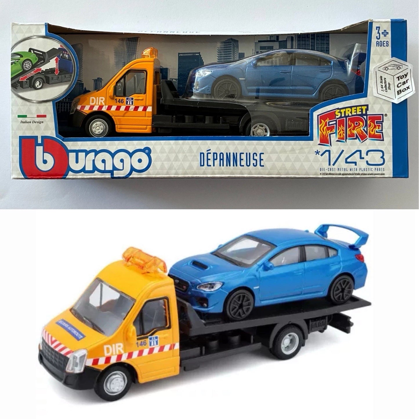 BBURAGO 1/43 - Subaru WRX & Flatbed Transporter (1:43 Depanneuse - Boxed) I85g